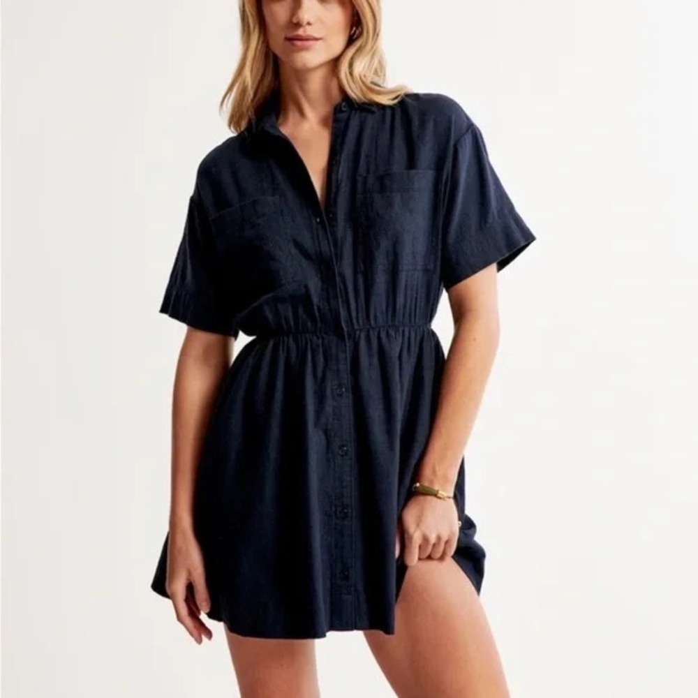 Abercrombie & Fitch - Navy Blue Linen-Blend Shirt Dress - MTall